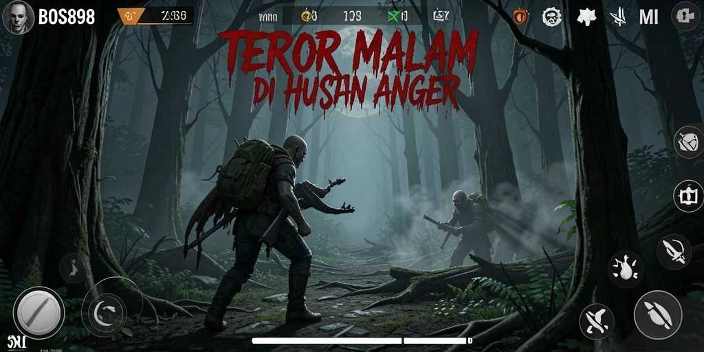 Tangkapan layar menampilkan suasana mencekam permainan BOS898 di hutan angker.