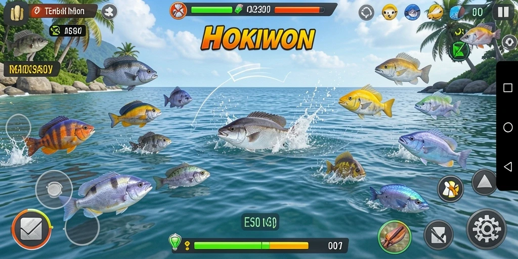 Gameplay HOKIWON menampilkan keseruan menangkap ikan di bawah laut.