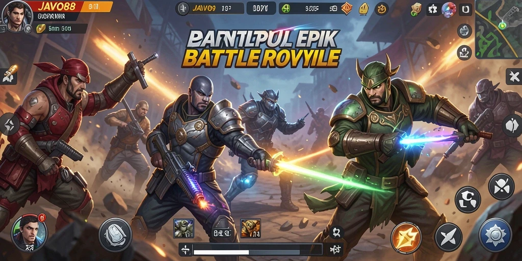 Screenshot utama JAVO88 menampilkan aksi seru dalam pertempuran Battle Royale.