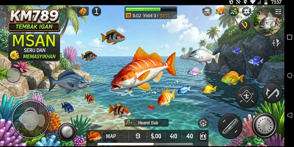Tampilan gameplay seru dari KM789 saat menembak ikan di lautan.