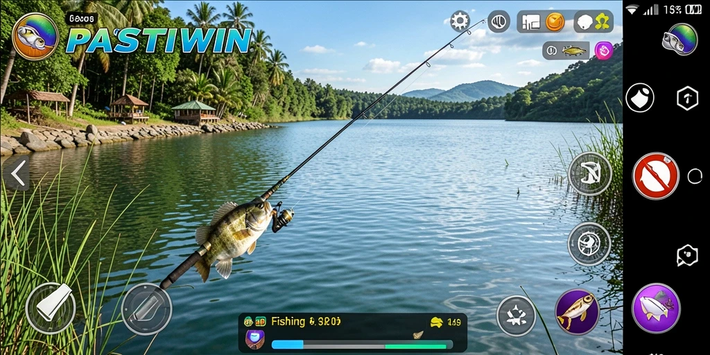 Screenshot utama PASTIWIN menampilkan aksi memancing penuh warna dan dinamis.