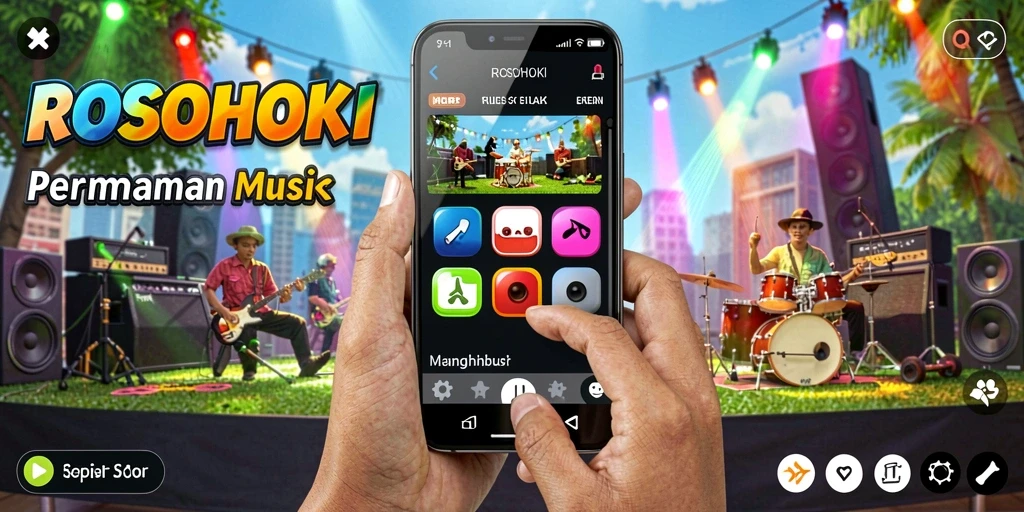 Screenshot utama ROSOHOKI menampilkan gameplay yang dinamis dan penuh warna.