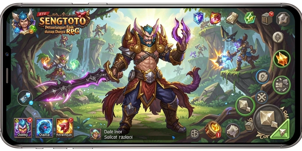 Screenshot utama SENGTOTO menunjukkan pertarungan epik dengan grafis RPG yang menawan.